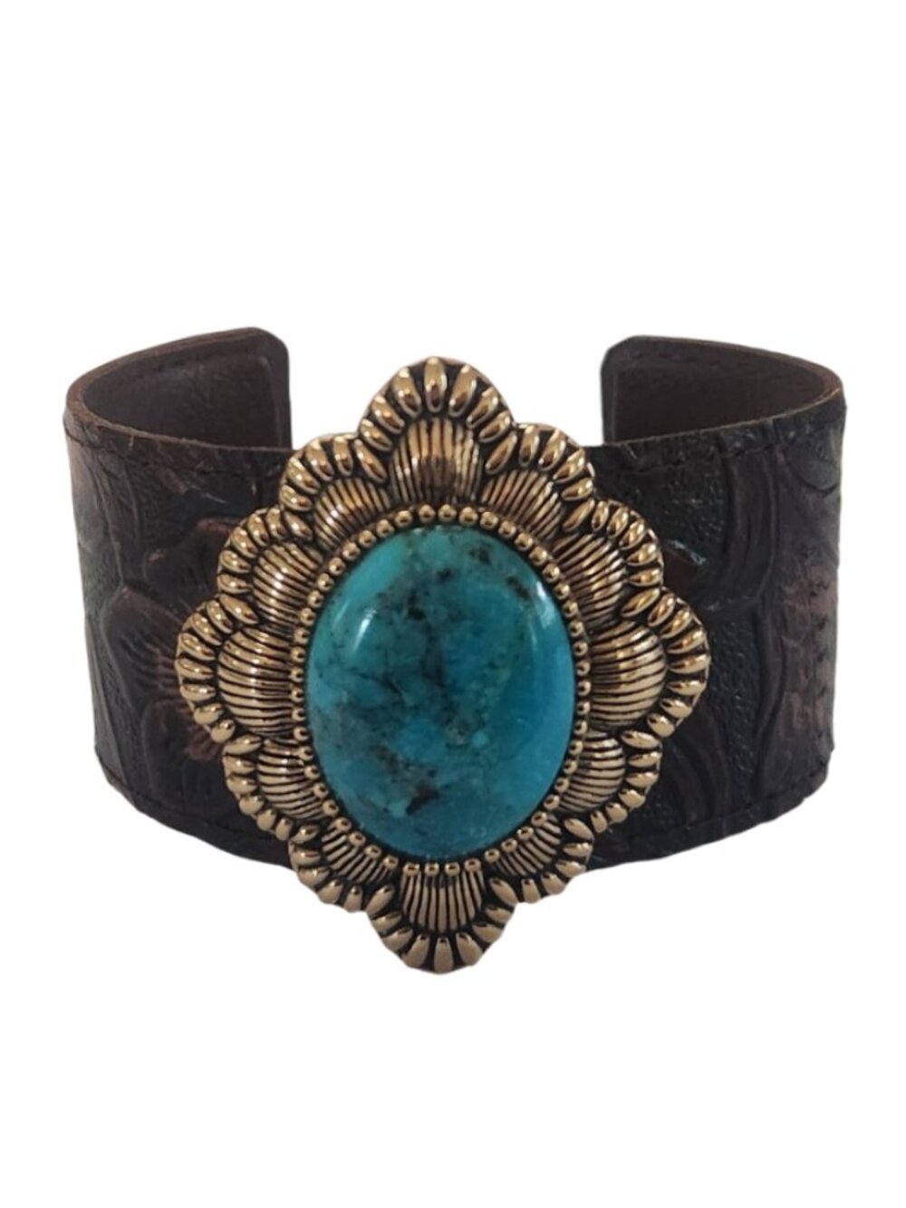 Studio Barse Genuine Turquoise Bronze Tooled Leather Cuff Bracelet
